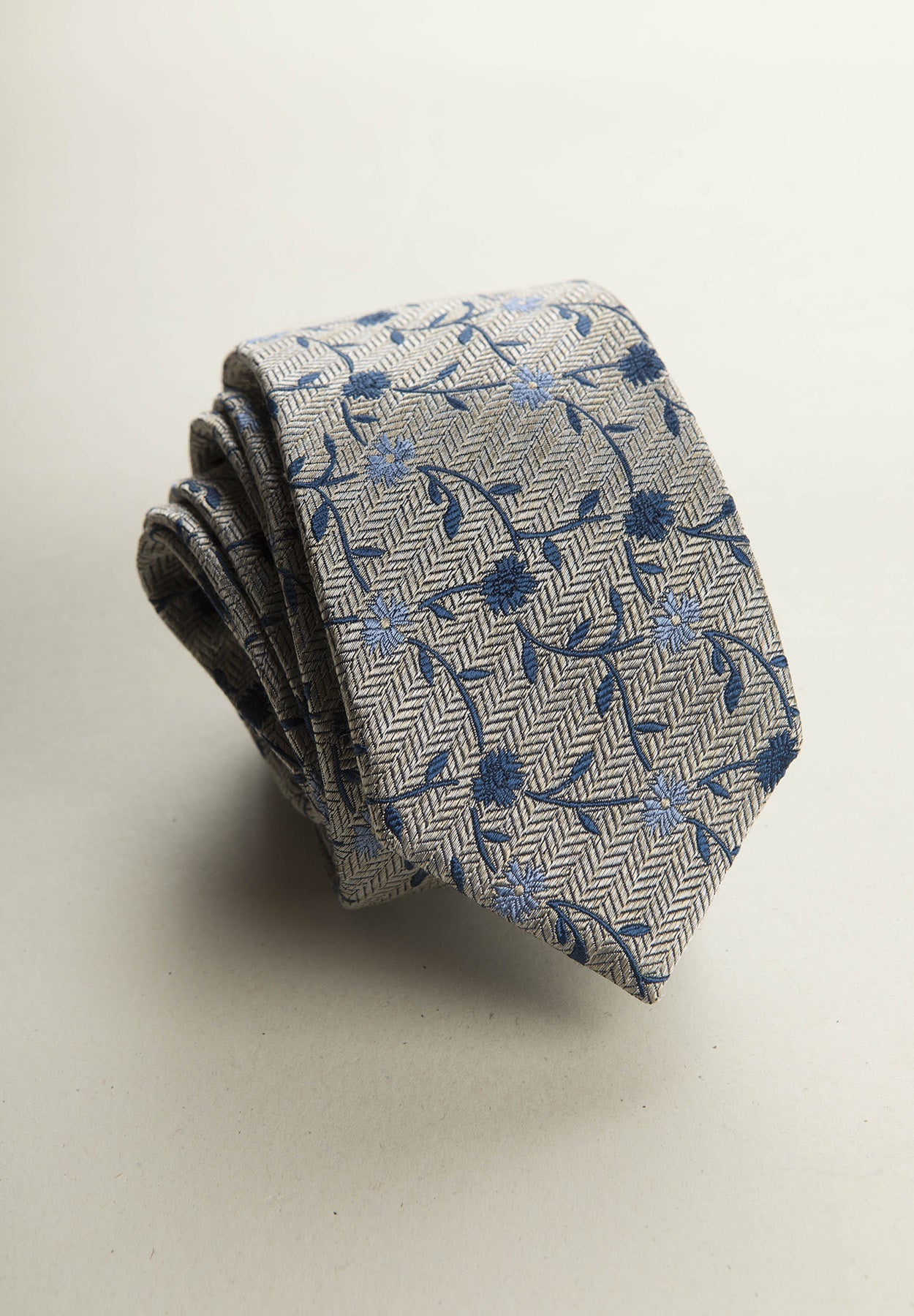 Beige Tie With Blue Flowers, Silk And Cotton, Textured