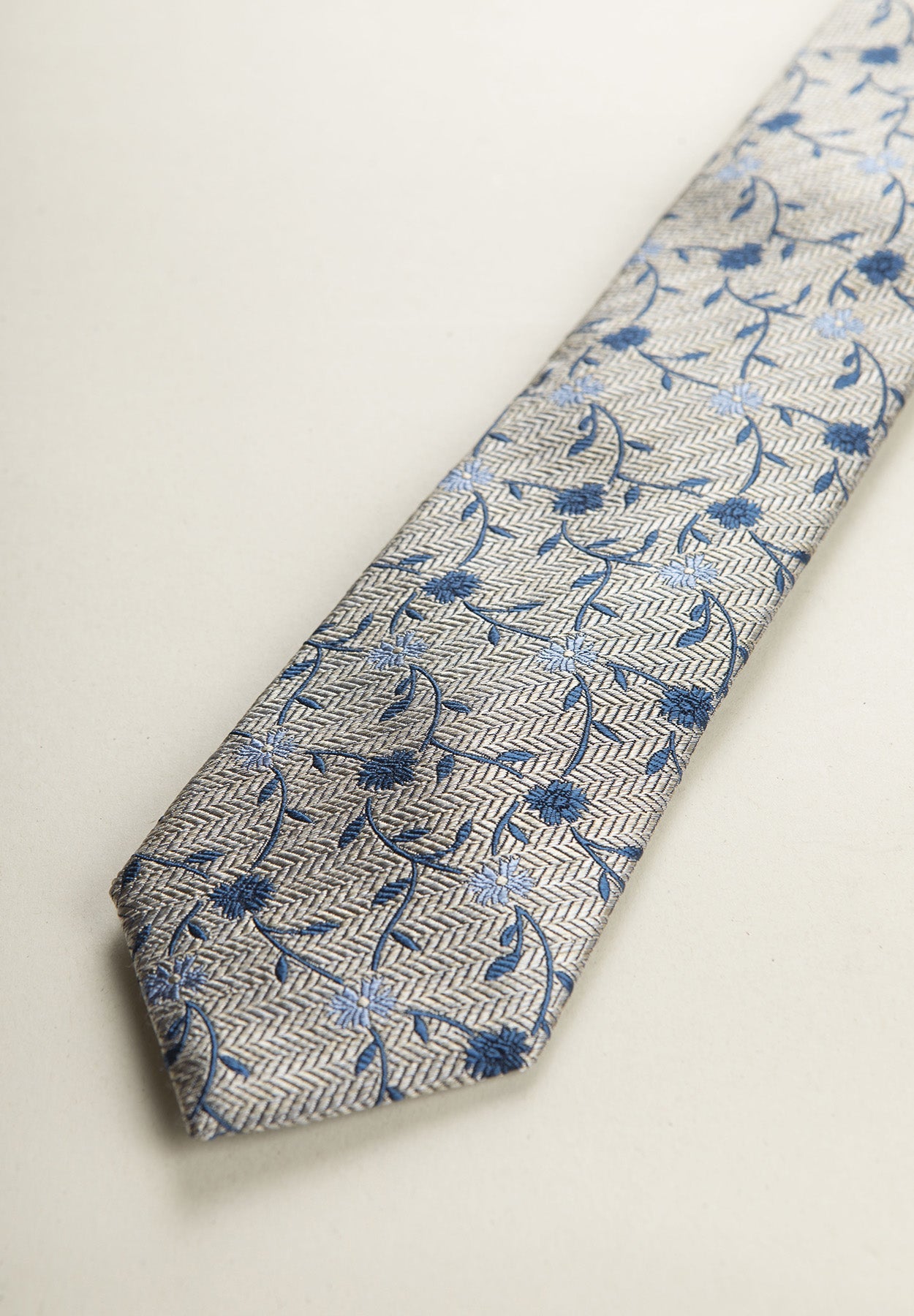 Beige Tie With Blue Flowers, Silk And Cotton, Textured