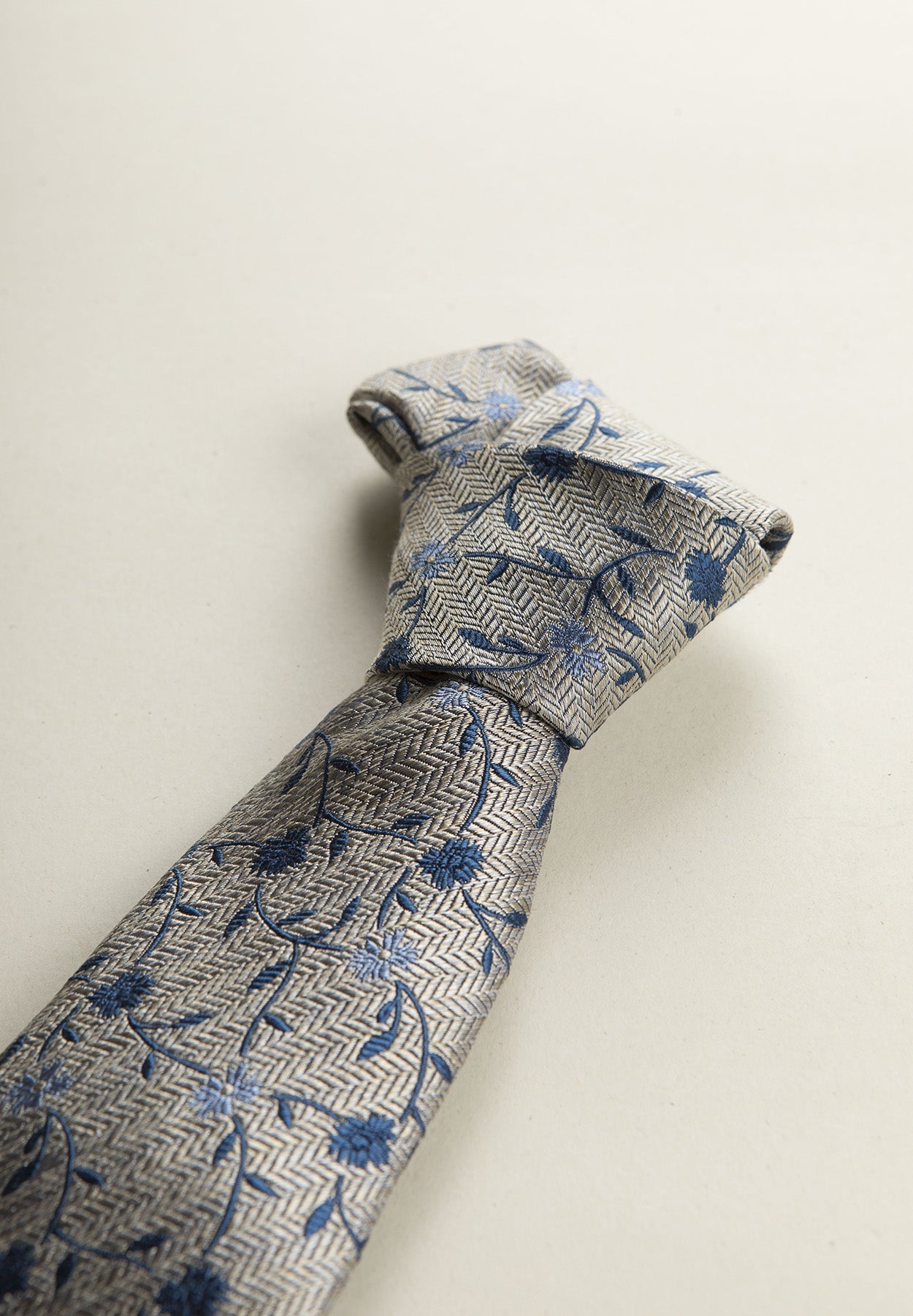 Beige Tie With Blue Flowers, Silk And Cotton, Textured
