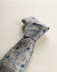 Beige Tie With Blue Flowers, Silk And Cotton, Textured