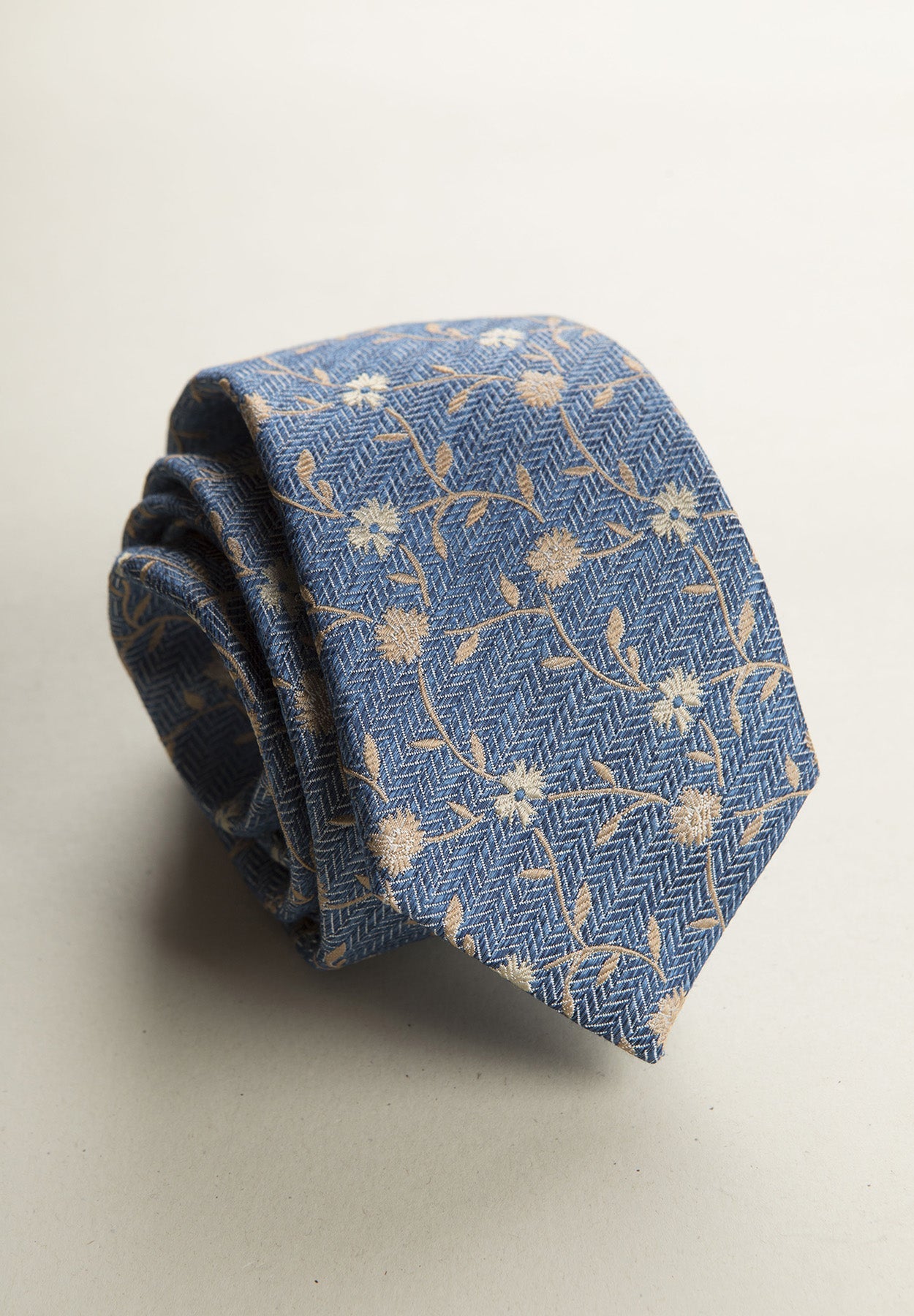 Blue Tie With Beige Flowers, Silk And Cotton, Textured