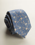 Blue Tie With Beige Flowers, Silk And Cotton, Textured