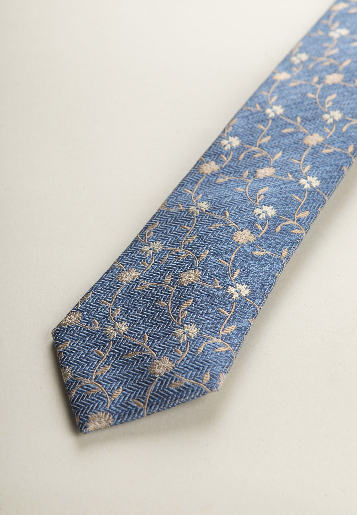 Blue Tie With Beige Flowers, Silk And Cotton, Textured