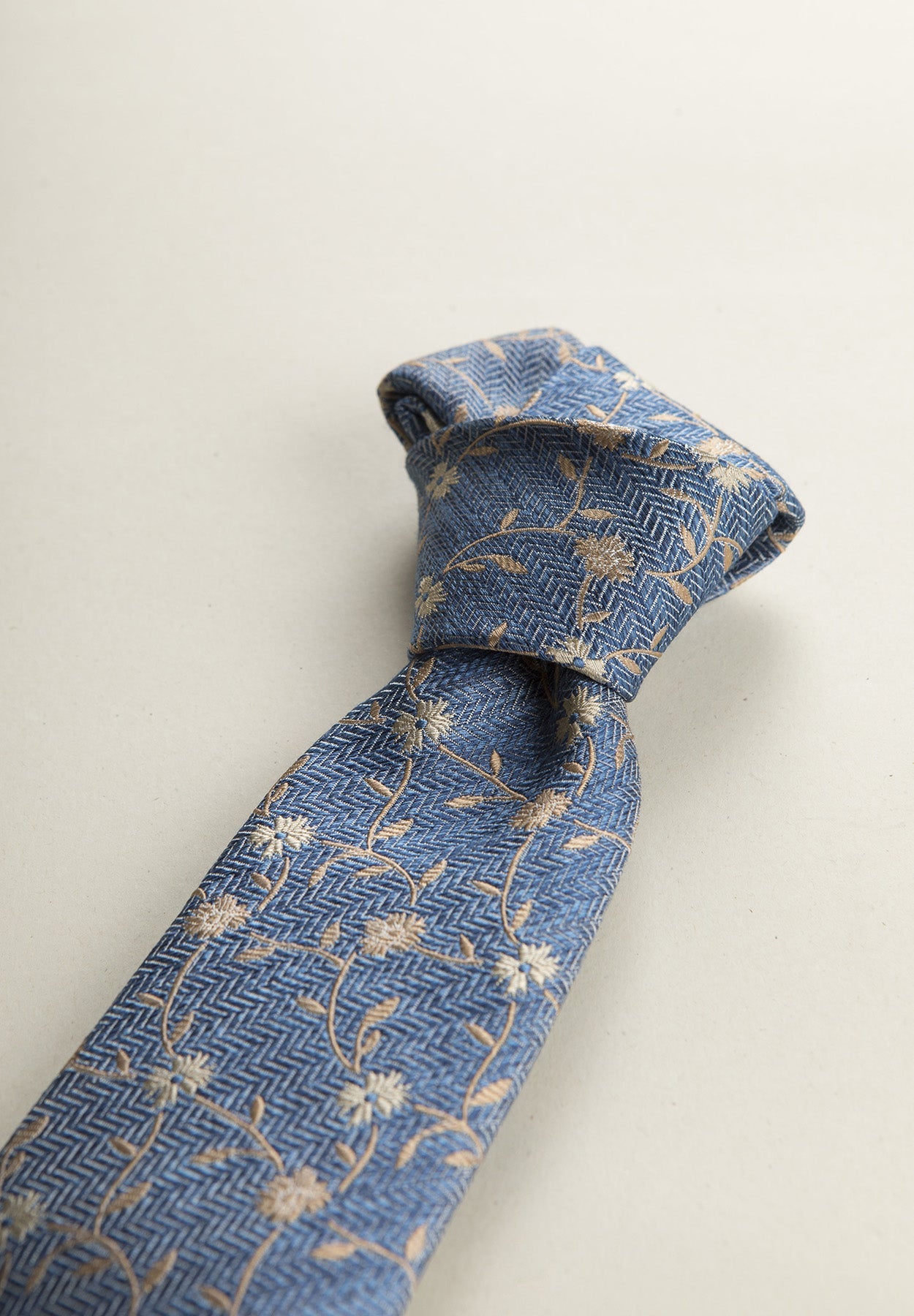 Blue Tie With Beige Flowers, Silk And Cotton, Textured