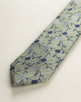 Green Tie With Blue Flowers And Silk And Cotton Texture