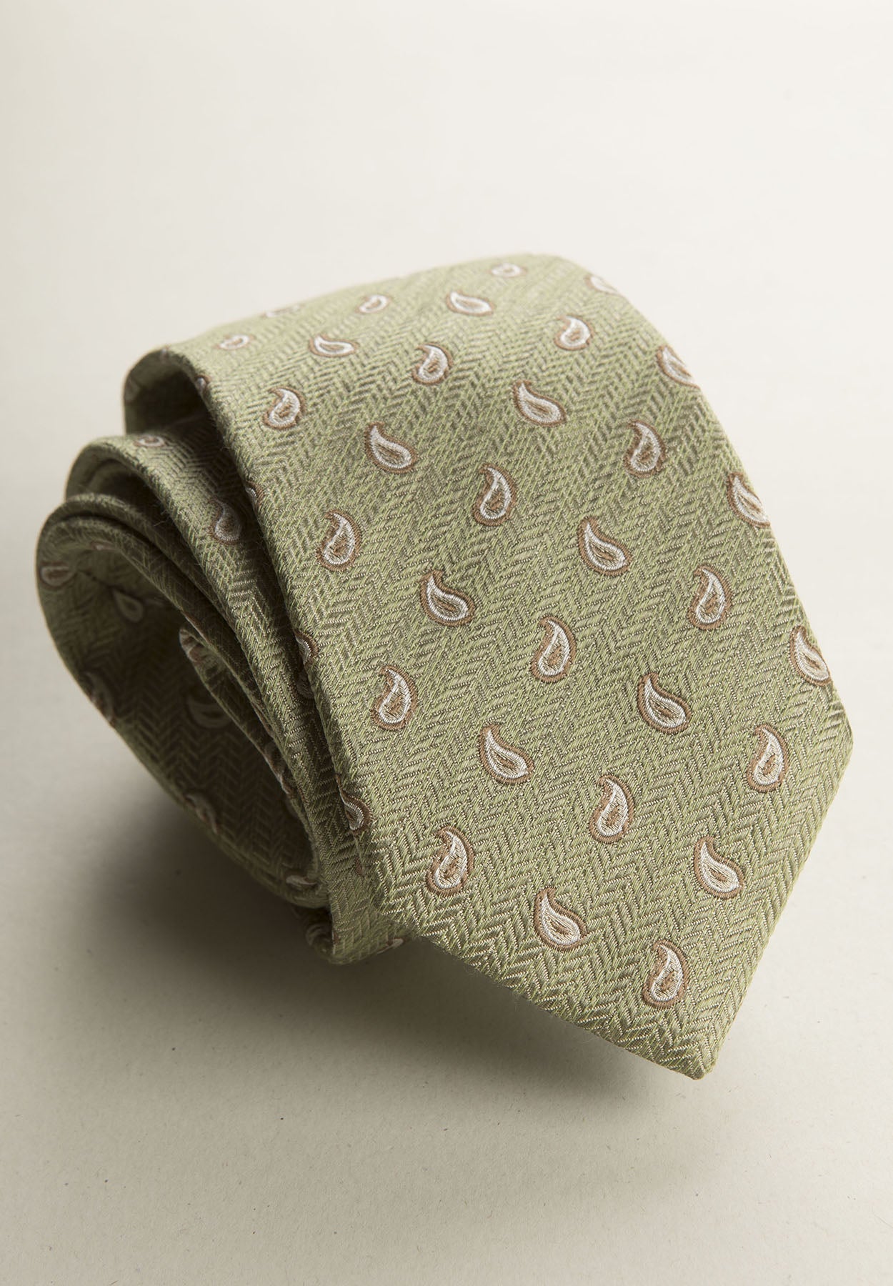 Greenish Tie With Beige Drops And Silk And Cotton