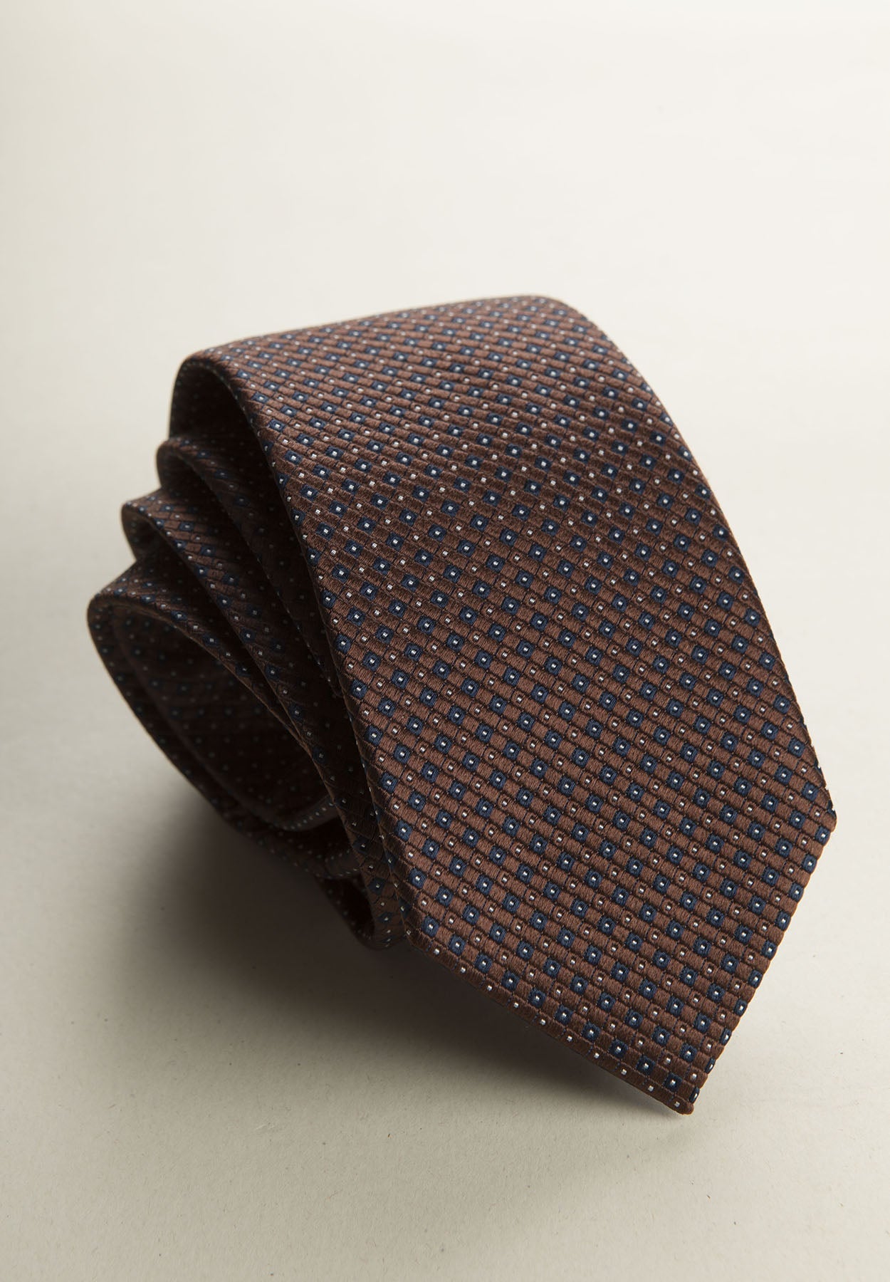 Brown Tie With Blue Micro-Pattern Silk