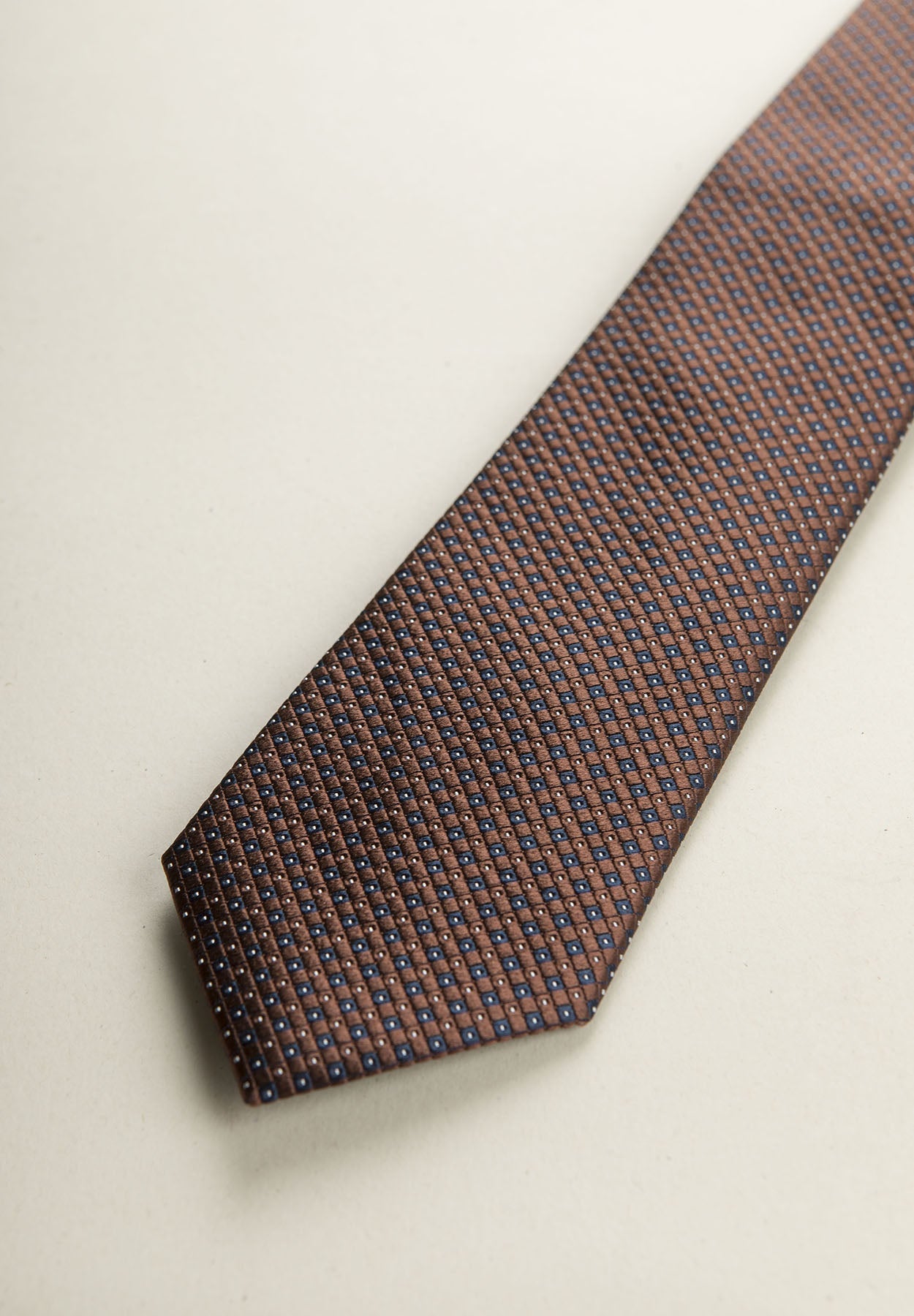 Brown Tie With Blue Micro-Pattern Silk