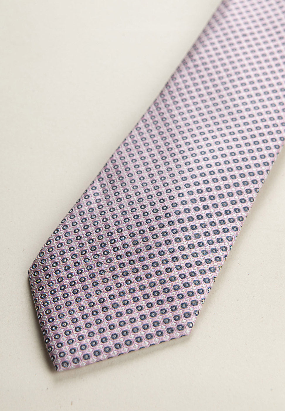 Pink Tie With A Micro-Pattern In White And Blue Silk