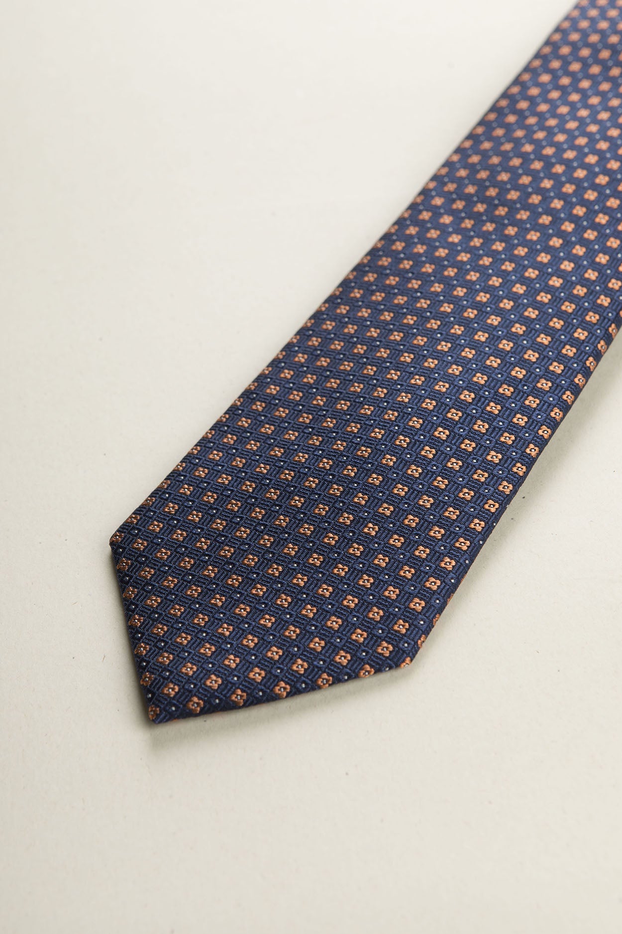 Dark Blue Tie With Orange Micro-Pattern Silk