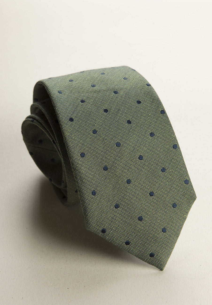 Green Tie With Blue Polka Dots And Silk And Linen