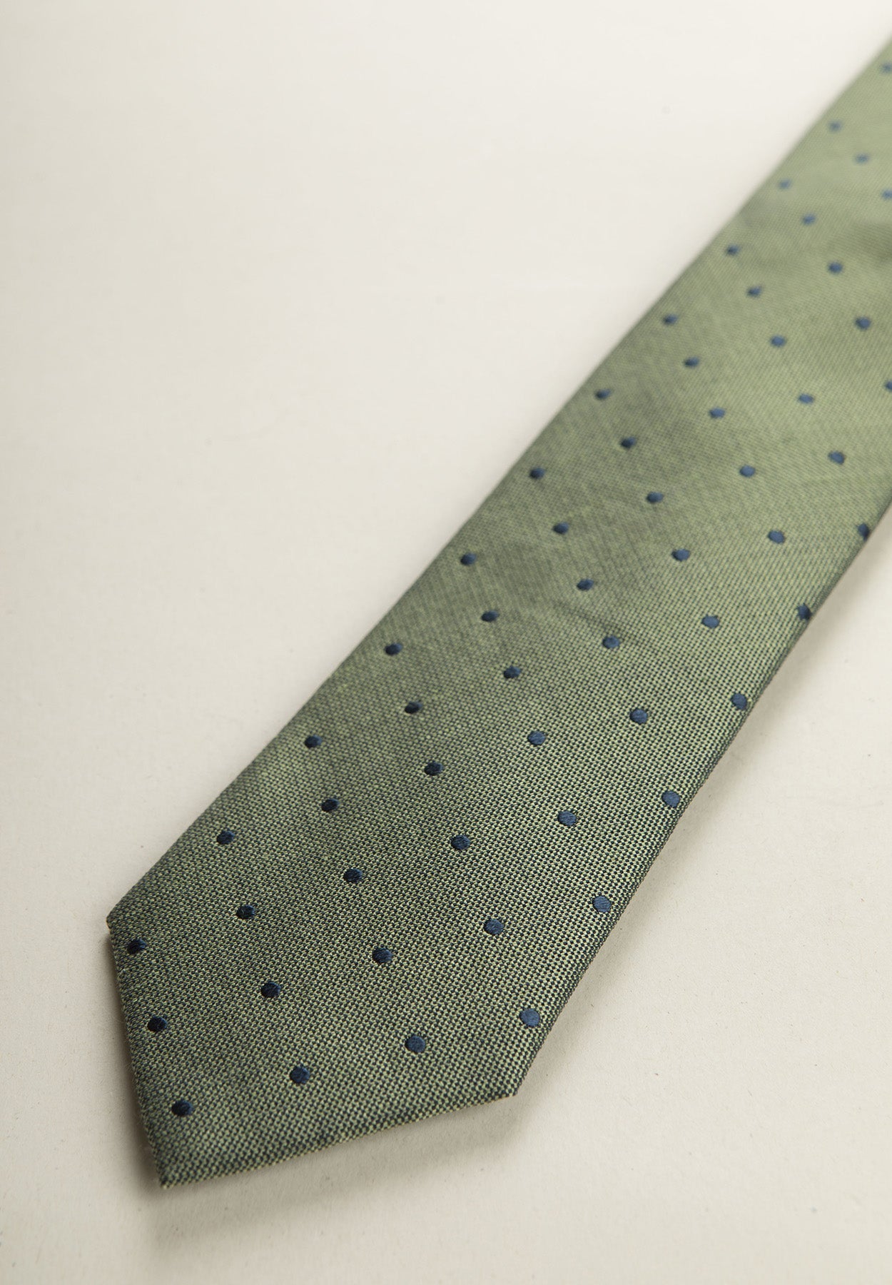 Green Tie With Blue Polka Dots And Silk And Linen