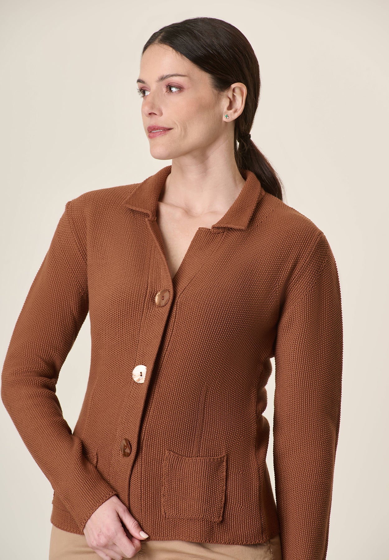 Tobacco Cotton Knit Jacket With Rice Grain