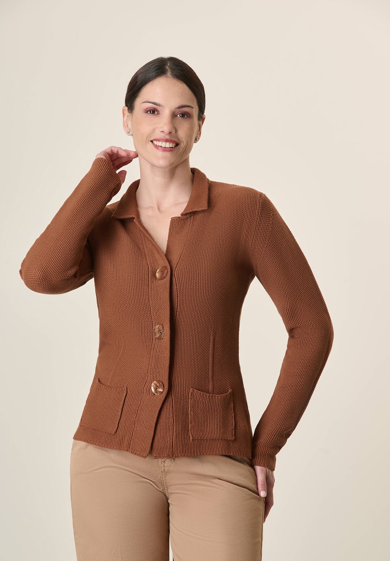 Tobacco Cotton Knit Jacket With Rice Grain