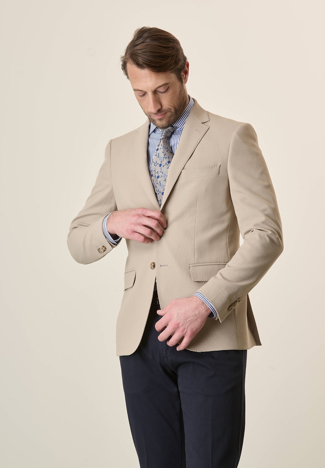 Beige Custom Fit Textured Jersey Jacket