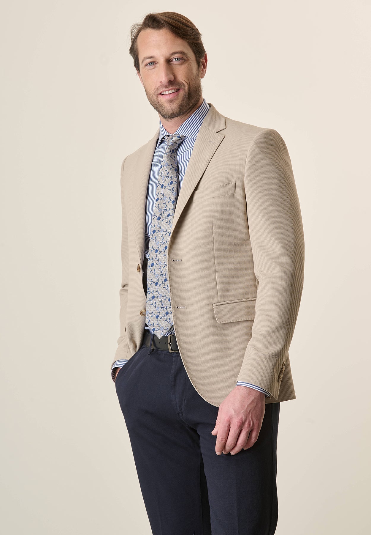 Beige Custom Fit Textured Jersey Jacket