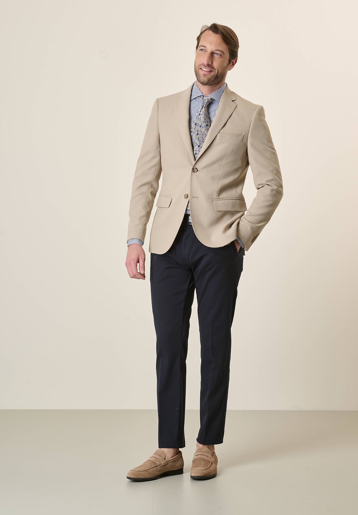 Beige Custom Fit Textured Jersey Jacket