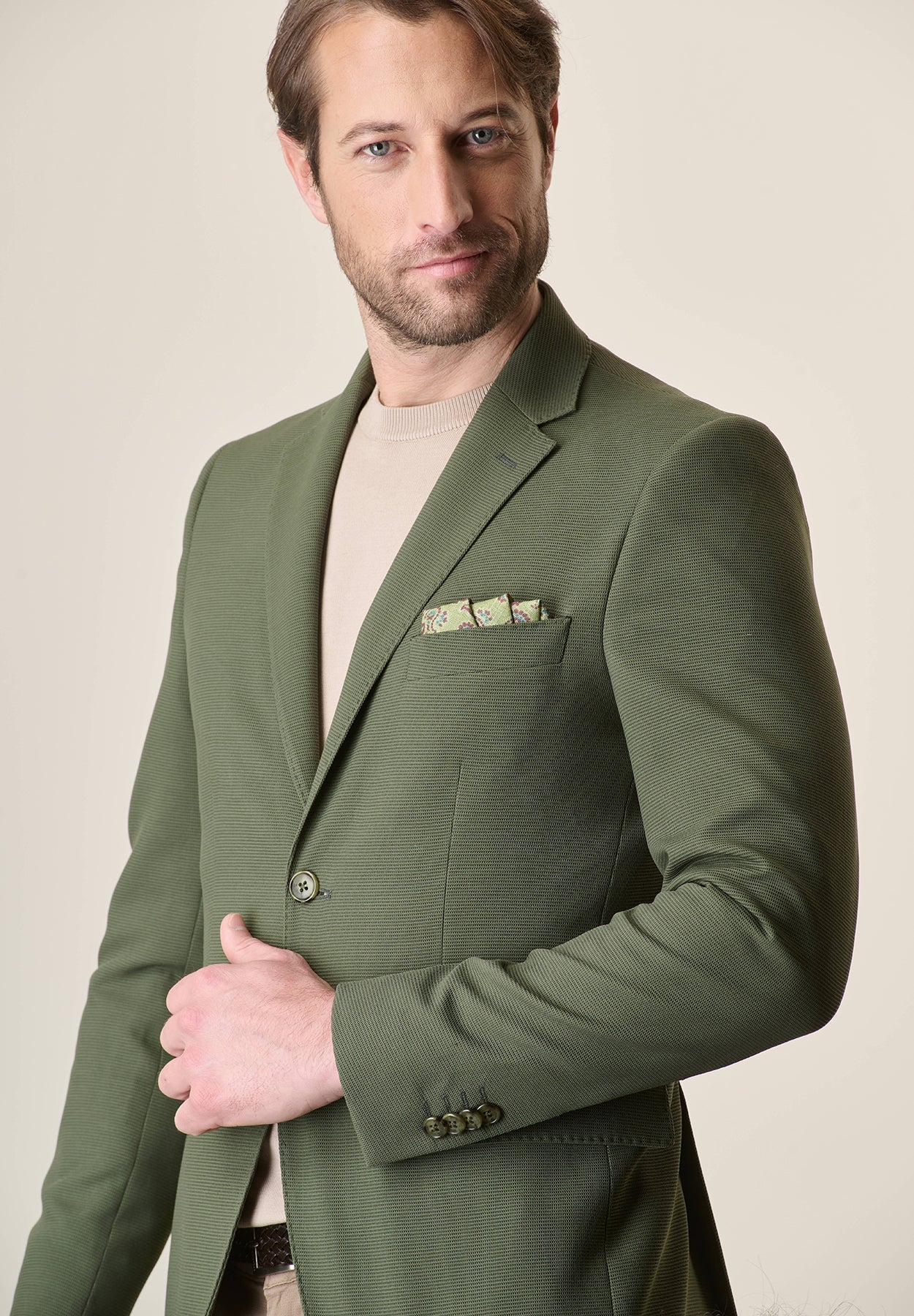 Custom Fit Green Textured Jersey Jacket