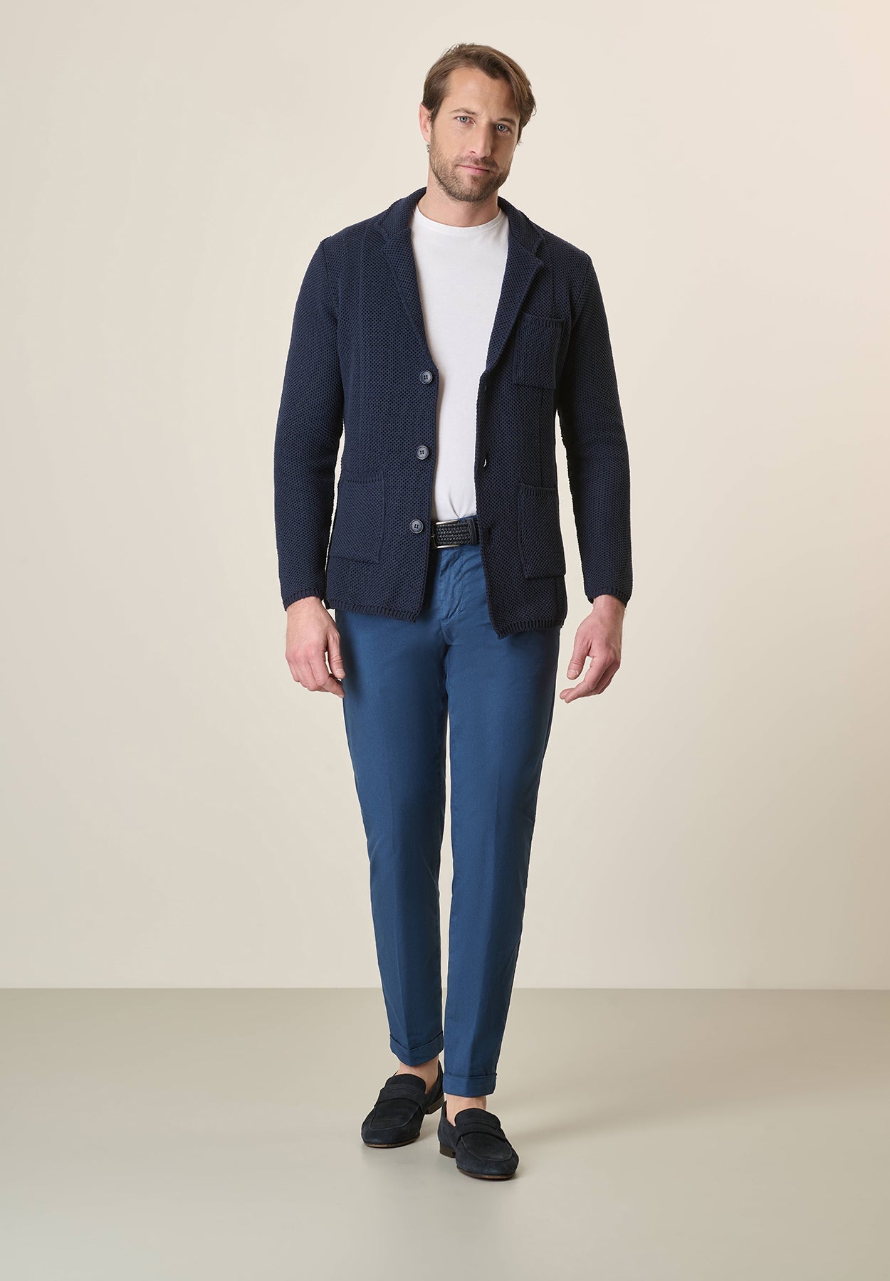 Blue Cotton Blend Knitted Jacket