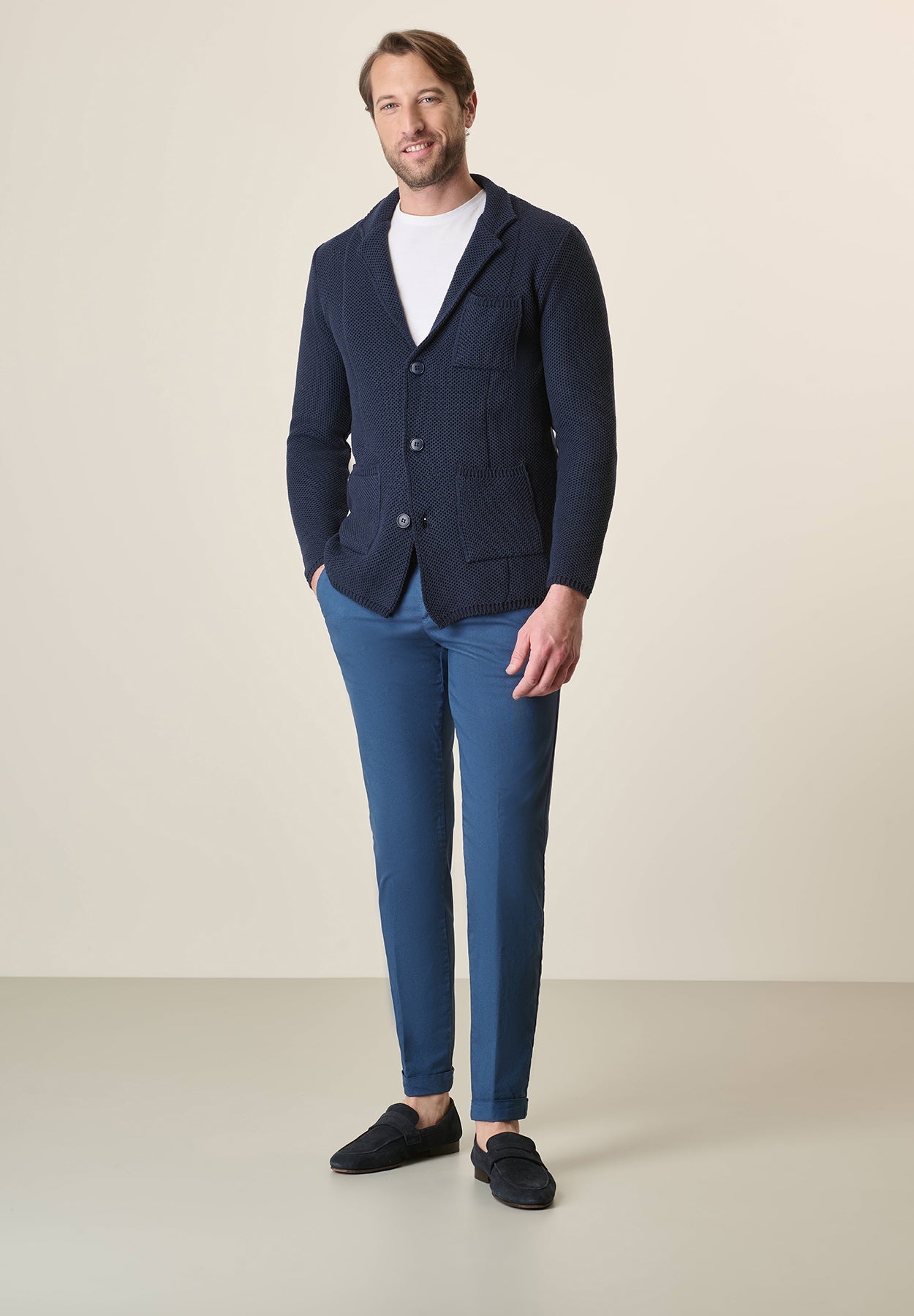 Blue Cotton Blend Knitted Jacket