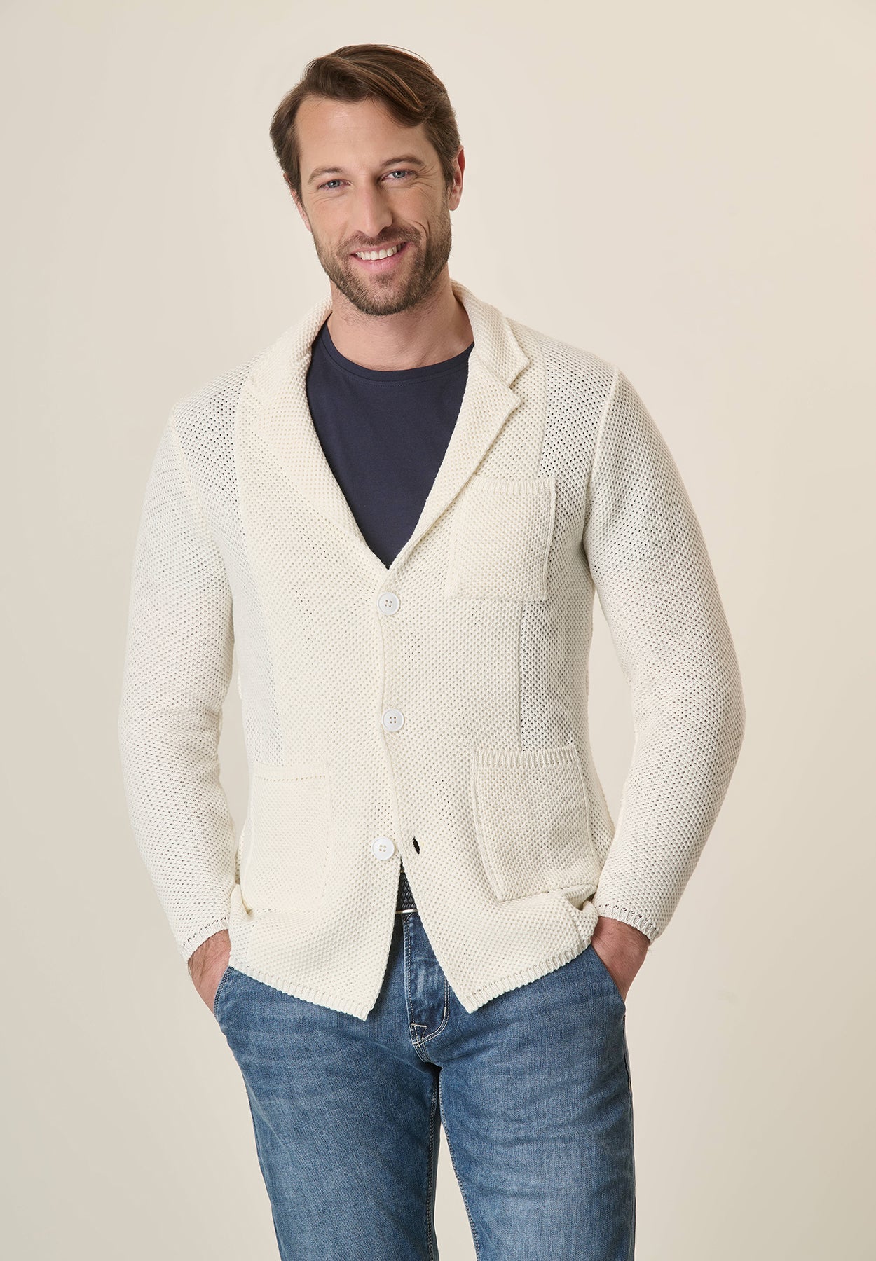 Cream Cotton Blend Knitted Jacket