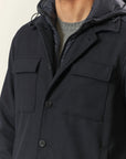 Blue wool blend over jacket with removable hood