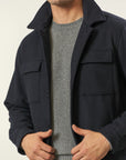 Blue wool blend over jacket with removable hood