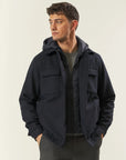 Blue wool blend over jacket with removable hood