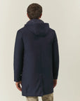 Long blue jacket with removable hood and bib