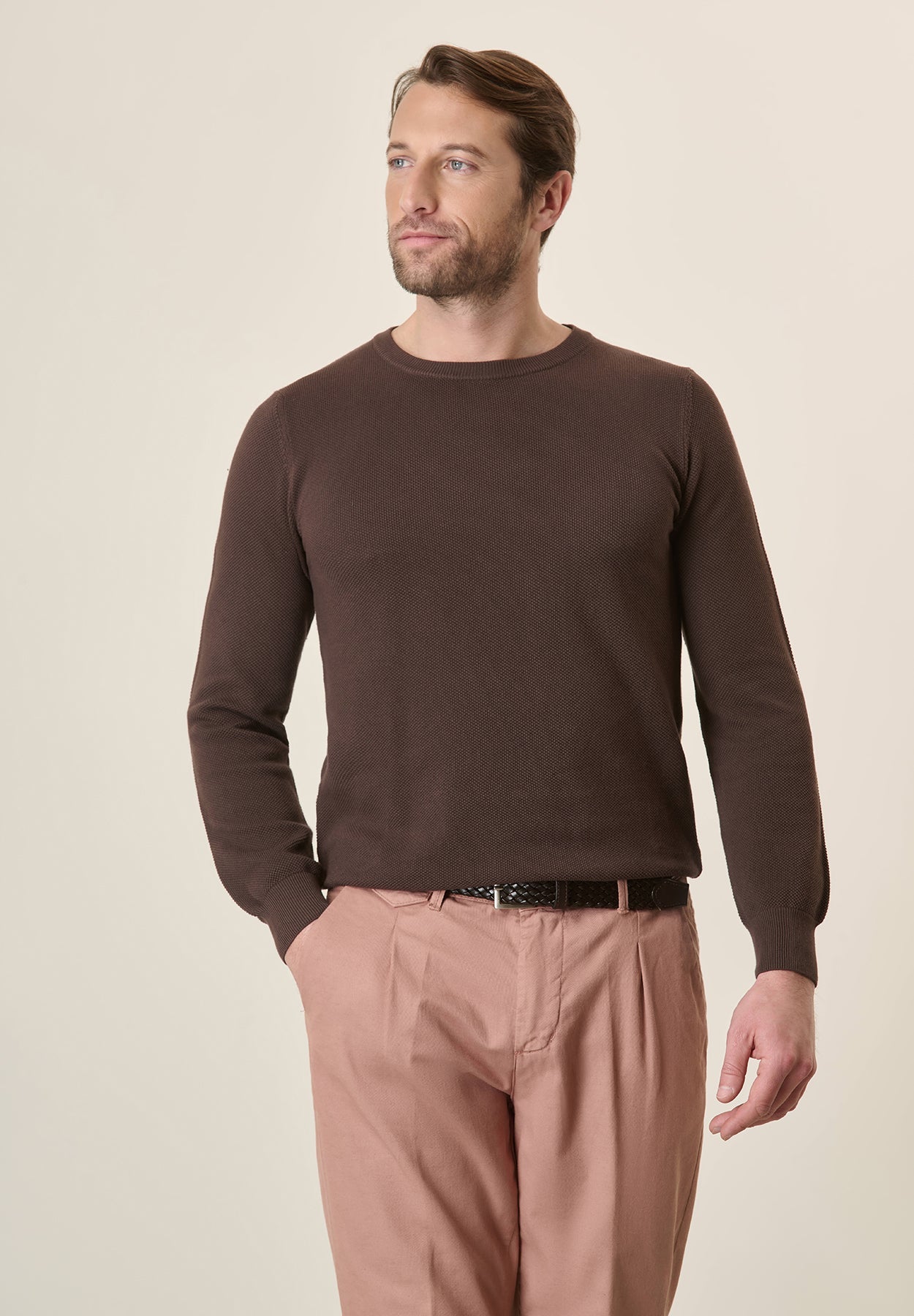 Brown Cotton Rice Grain Crewneck
