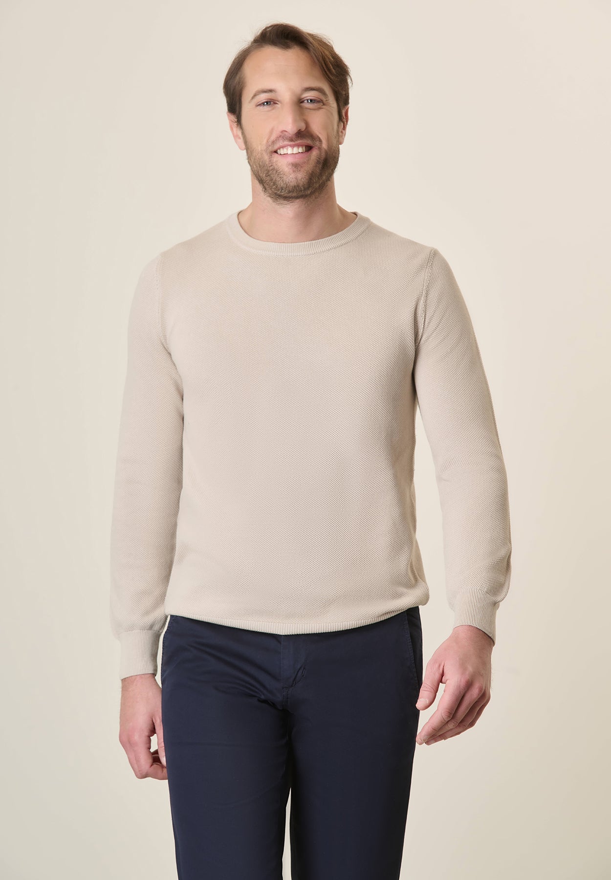 Beige Cotton Rice Grain Crewneck