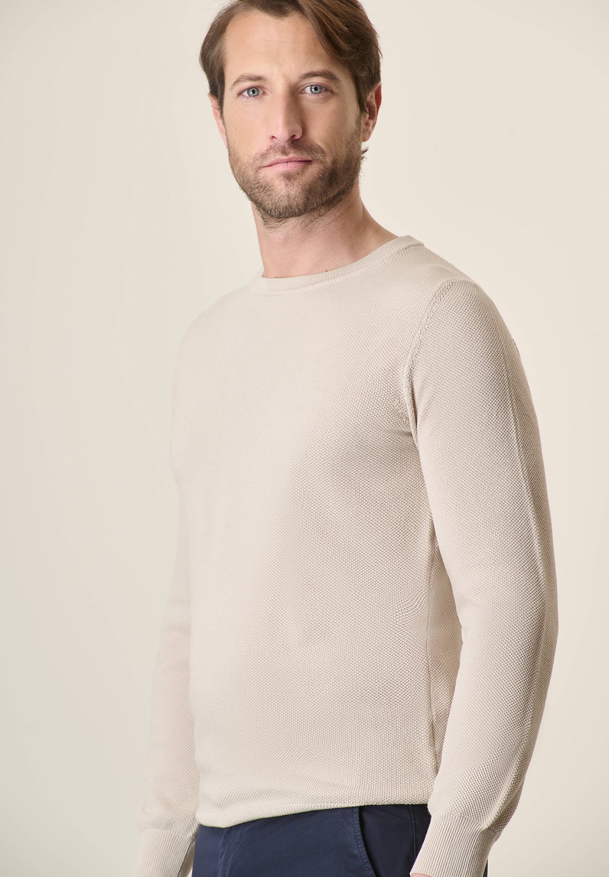 Beige Cotton Rice Grain Crewneck