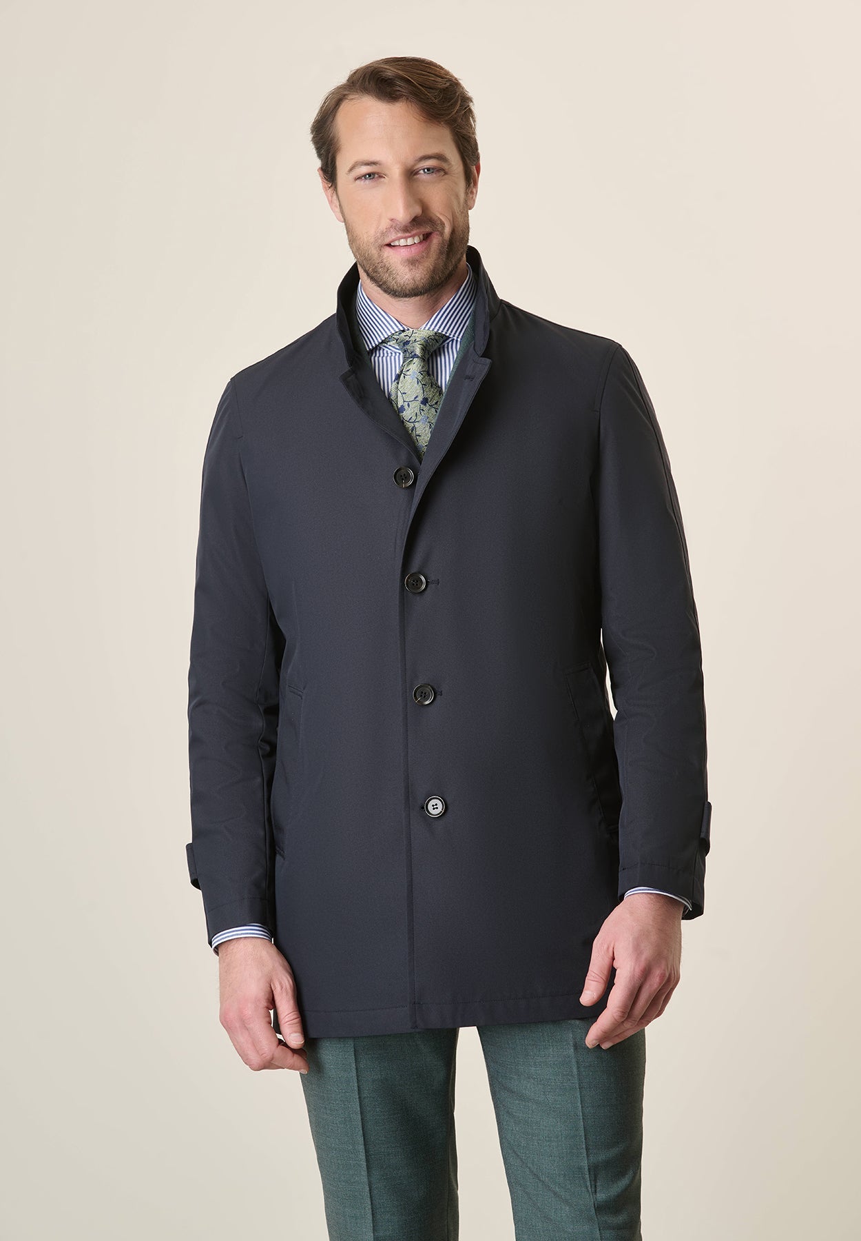 Navy Blue Stand-Up Collar Raincoat