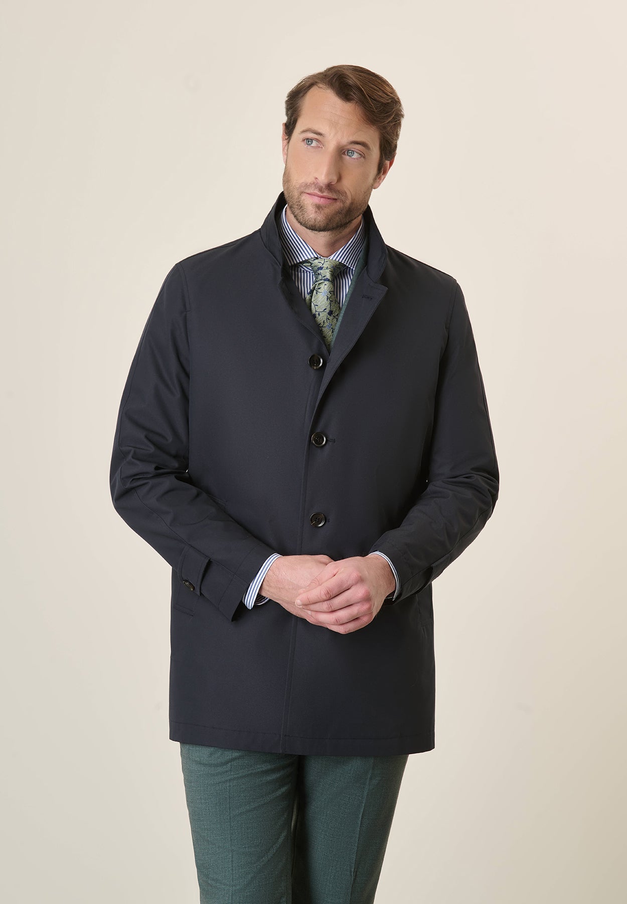 Navy Blue Stand-Up Collar Raincoat
