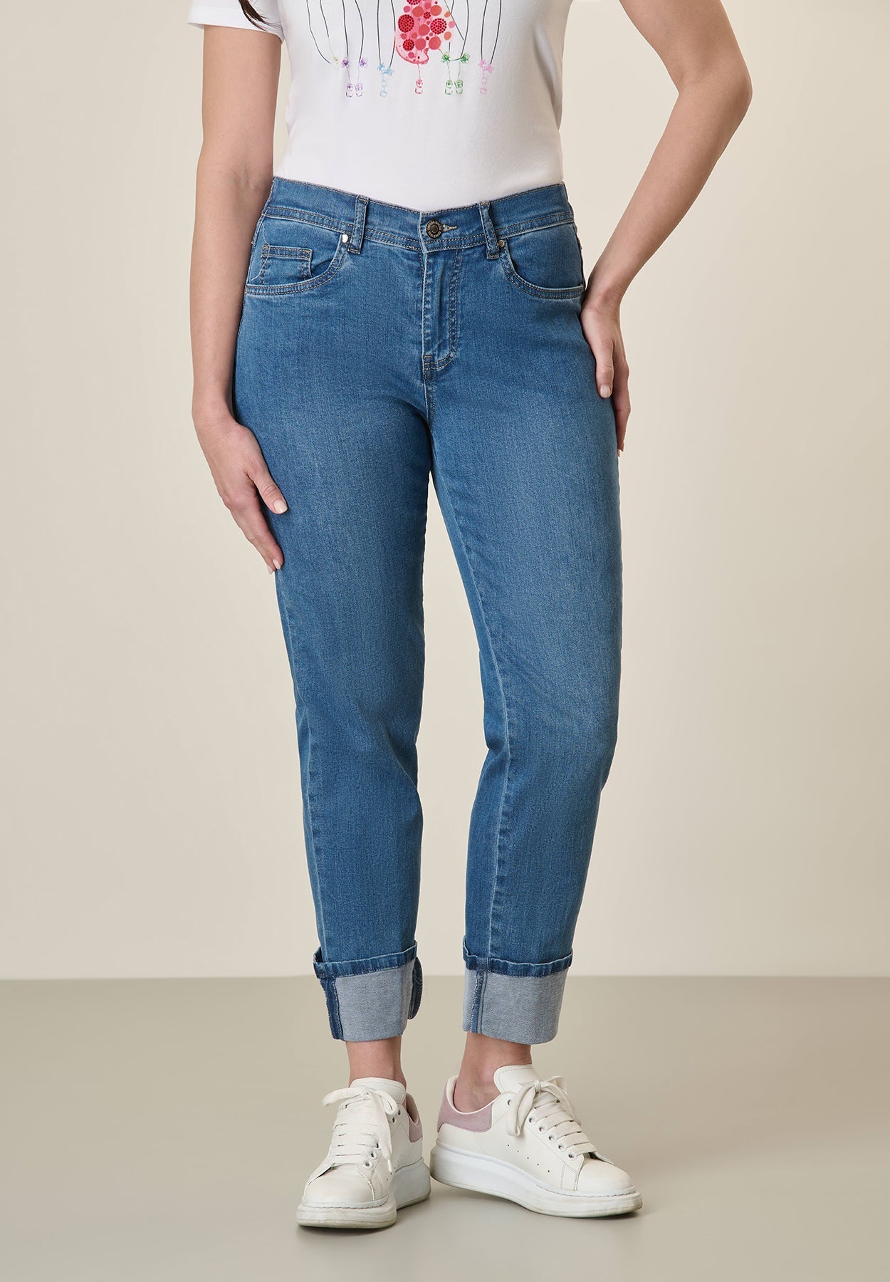Stretch Cotton Jeans With Sewn-In Turn-Ups