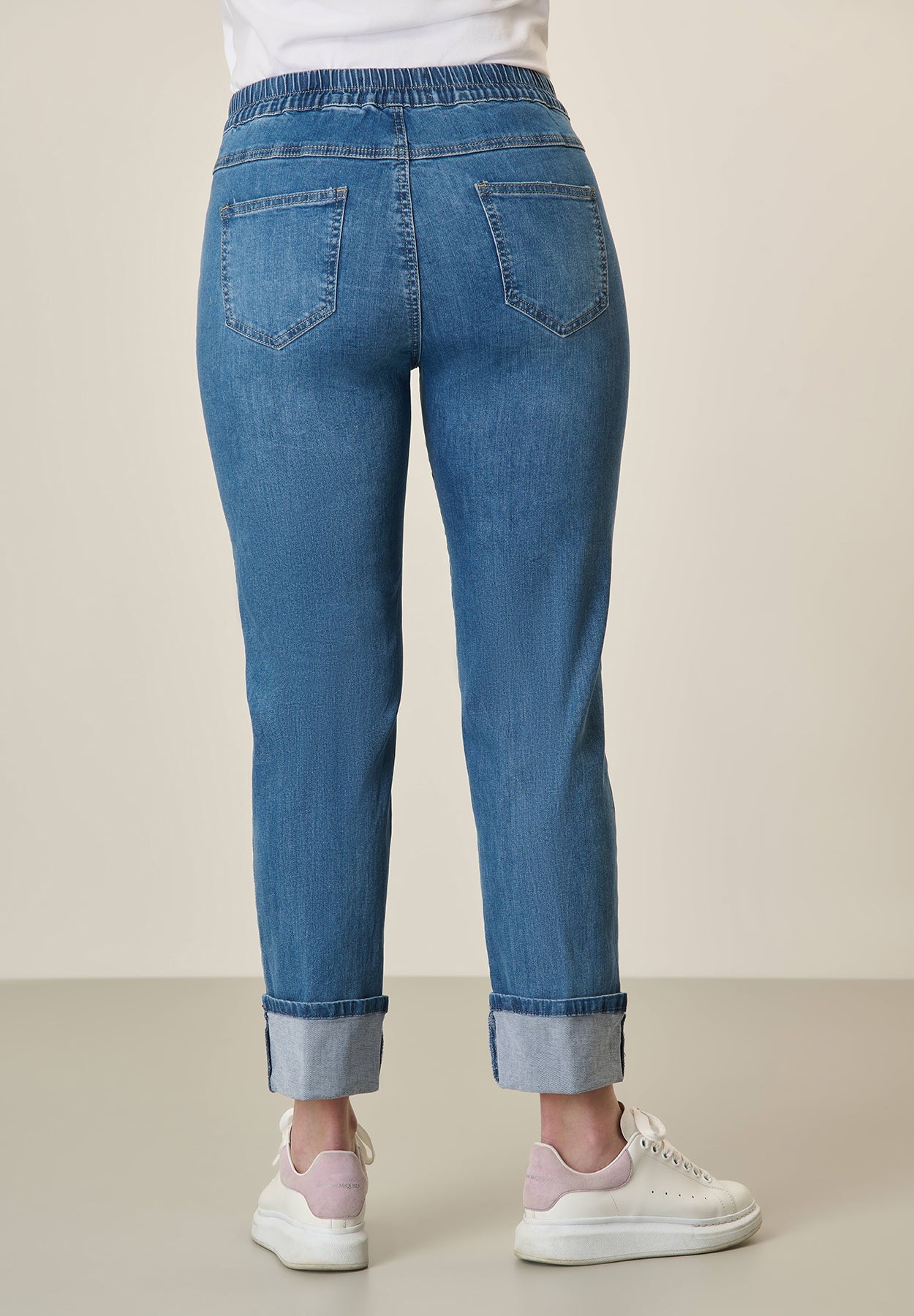 Stretch Cotton Jeans With Sewn-In Turn-Ups