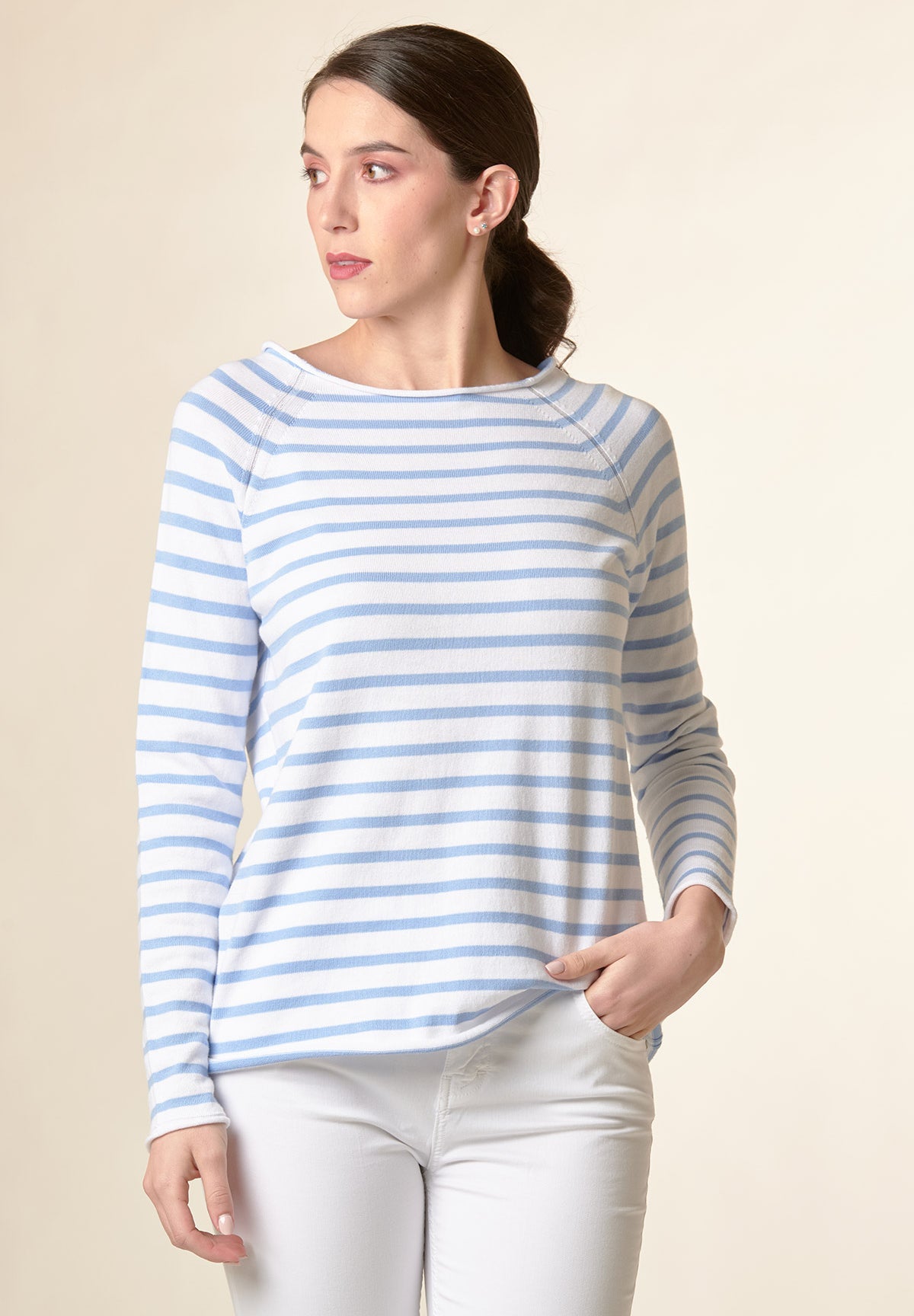 Maglia bianco-azzurra righe taglio vivo cotone-Angelico