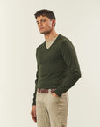 Military green V-neck cashmere blend