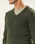 Military green V-neck cashmere blend