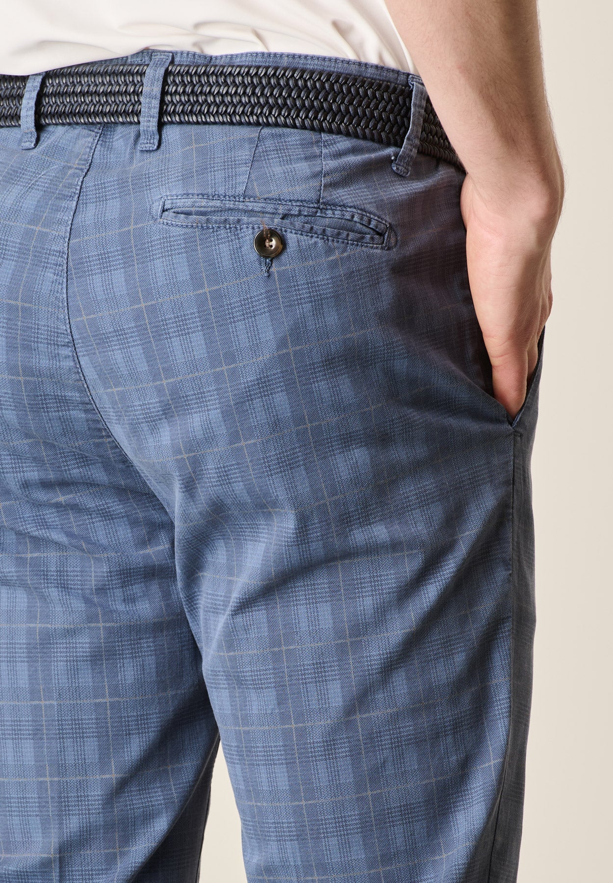 Prince Of Wales Stretch Cotton Air Force Blue Trousers