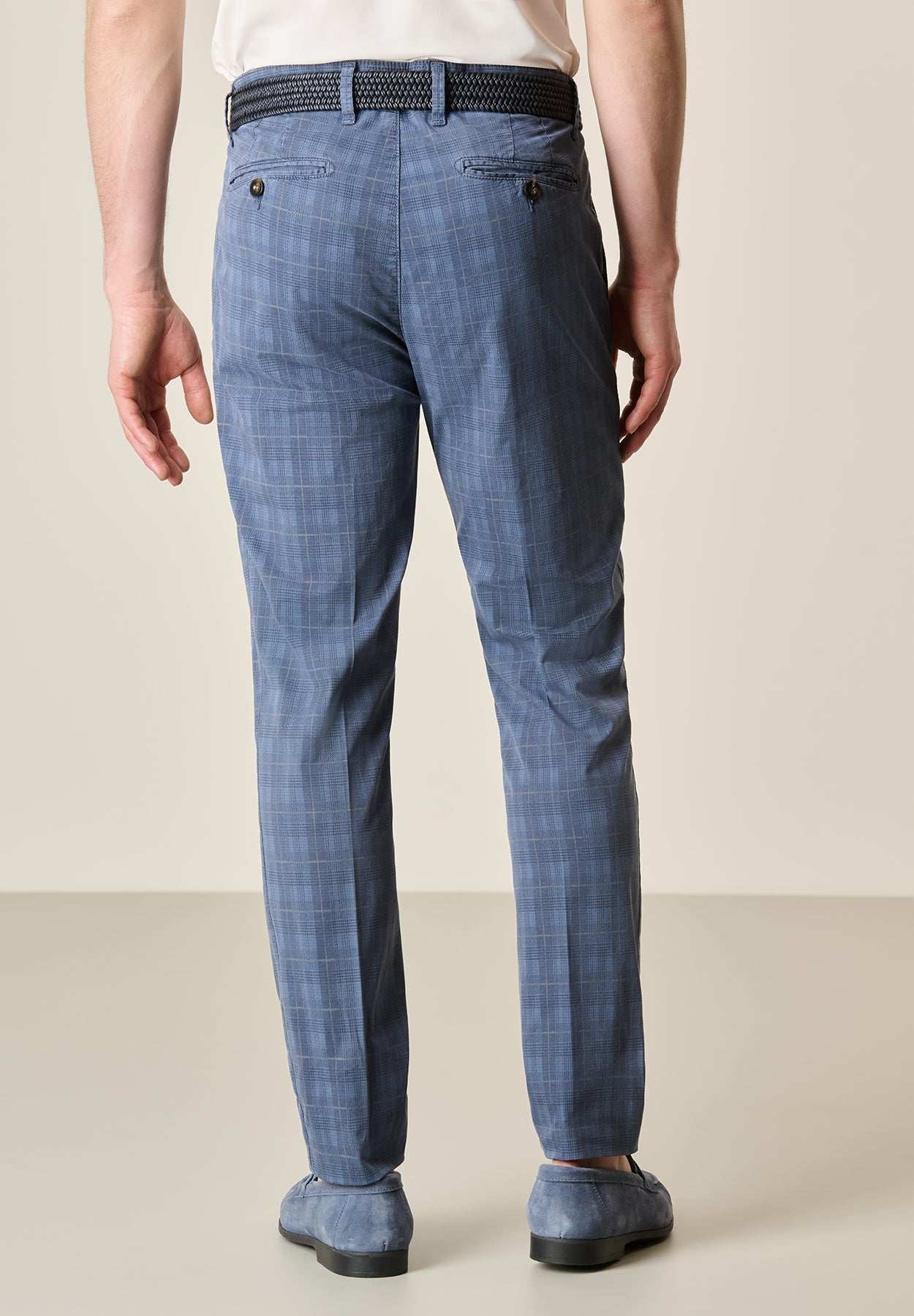 Prince Of Wales Stretch Cotton Air Force Blue Trousers