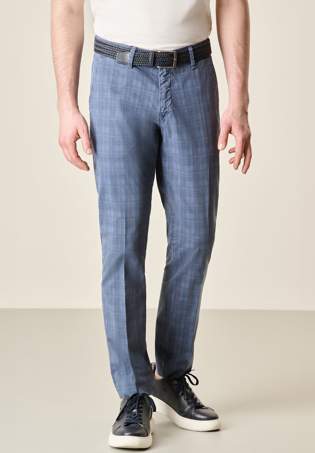 Prince Of Wales Stretch Cotton Air Force Blue Trousers