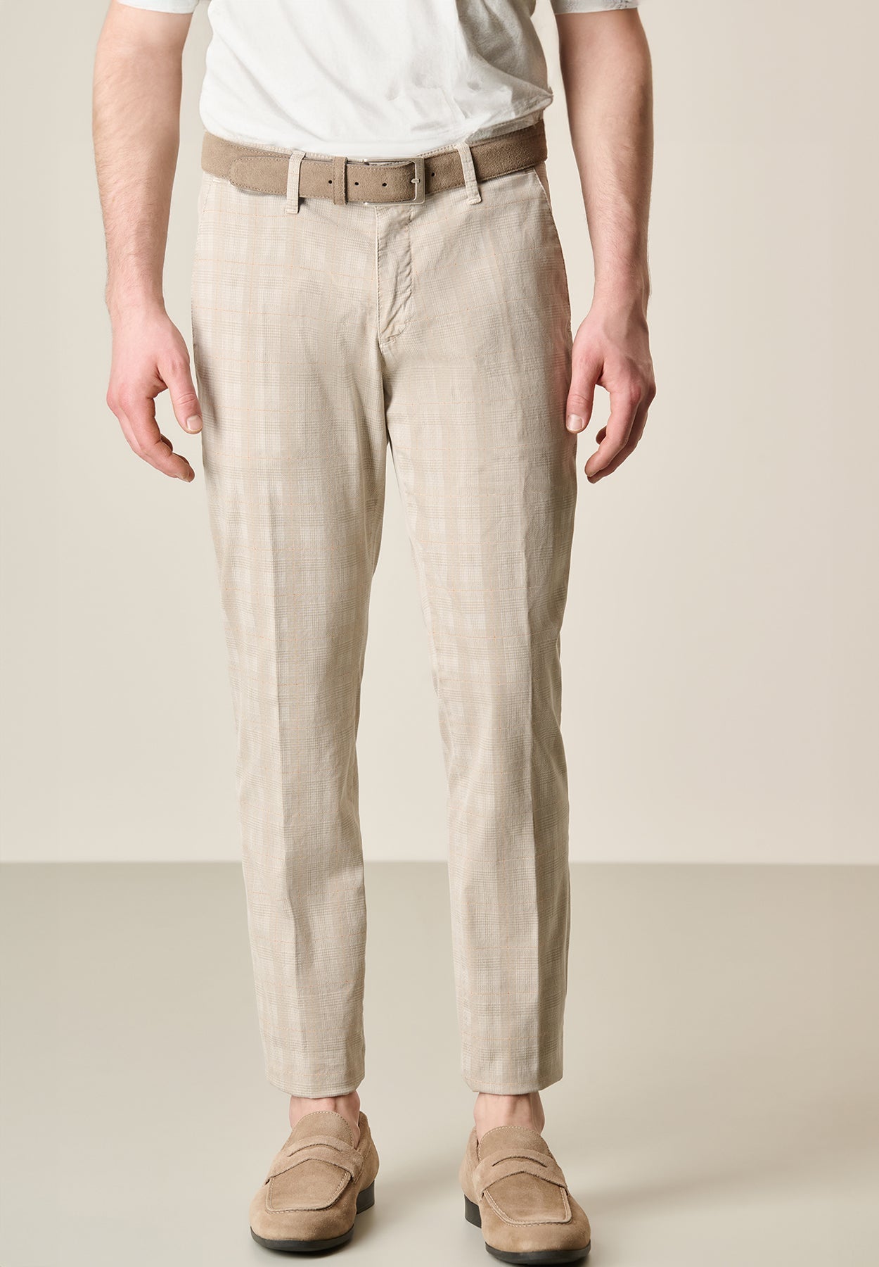 Beige Prince Of Wales Stretch Cotton Trousers