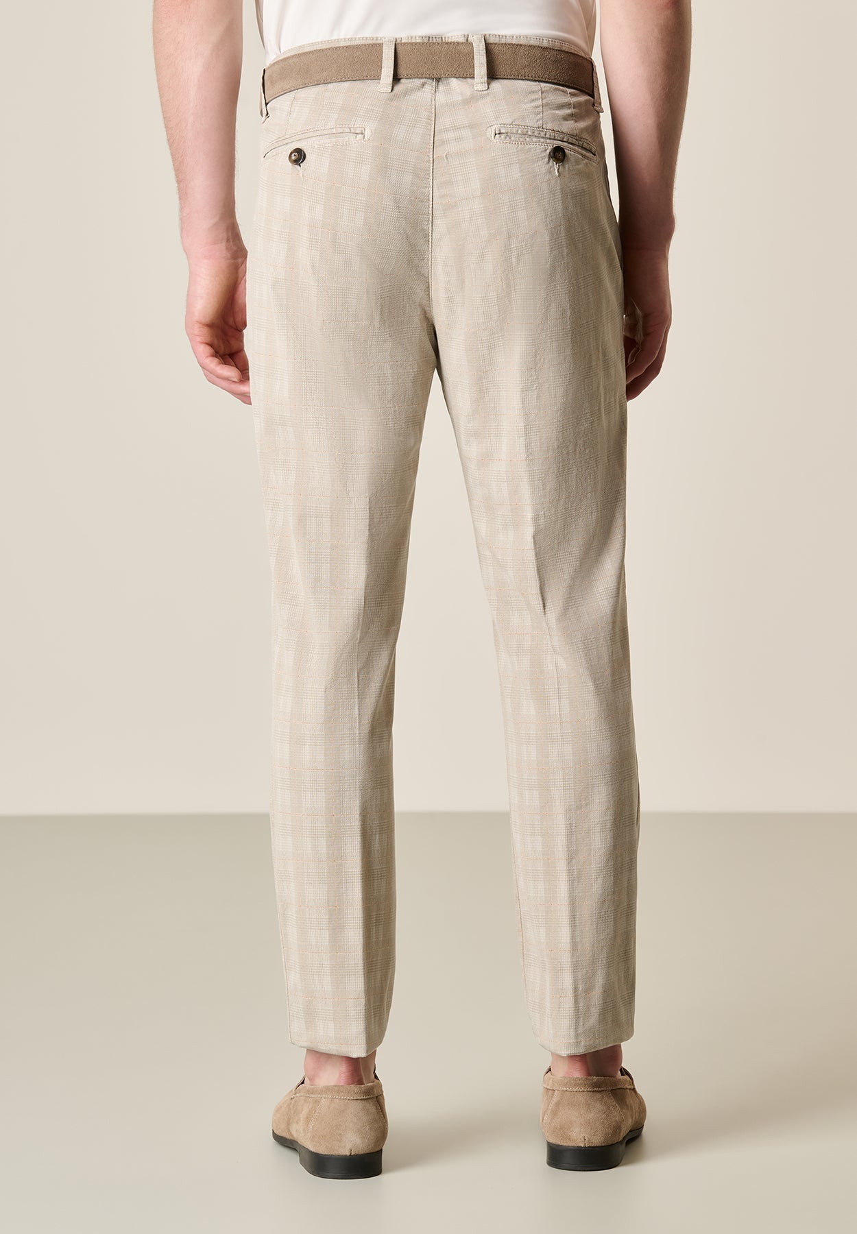 Beige Prince Of Wales Stretch Cotton Trousers