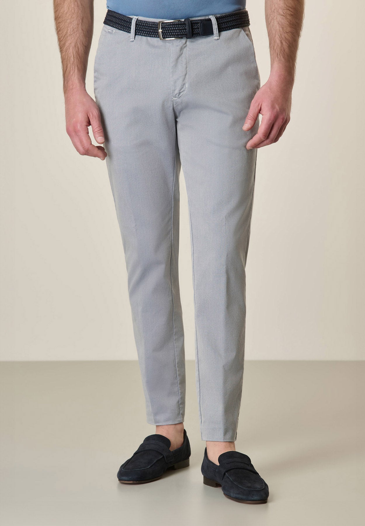 Cream Blue Slim Fit Textured Trousers
