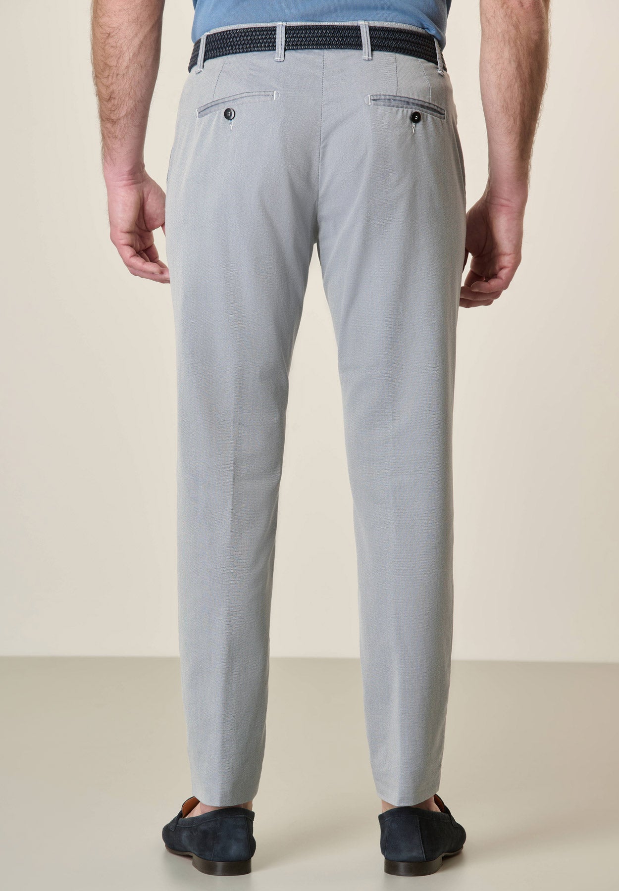 Cream Blue Slim Fit Textured Trousers