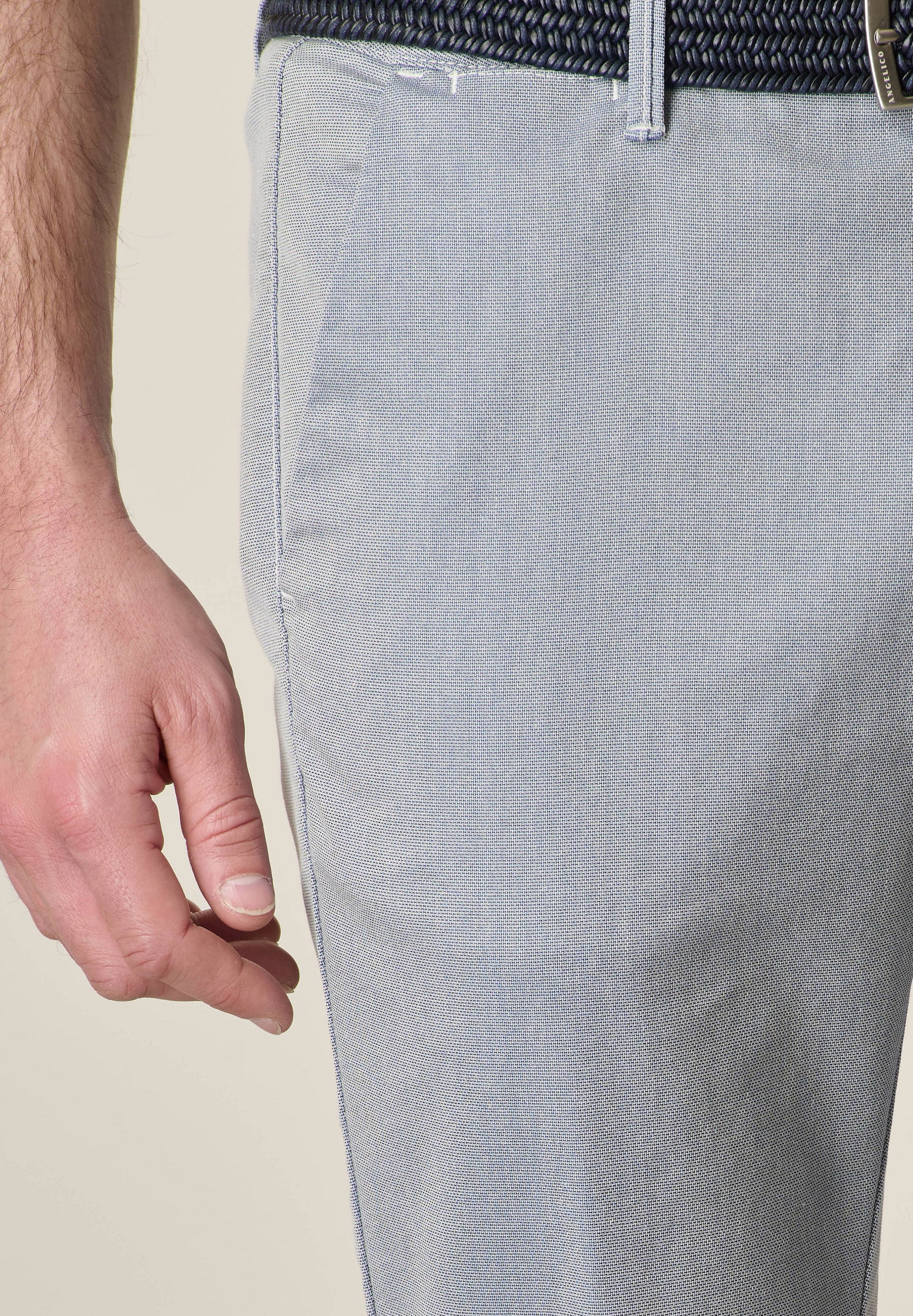Cream Blue Slim Fit Textured Trousers
