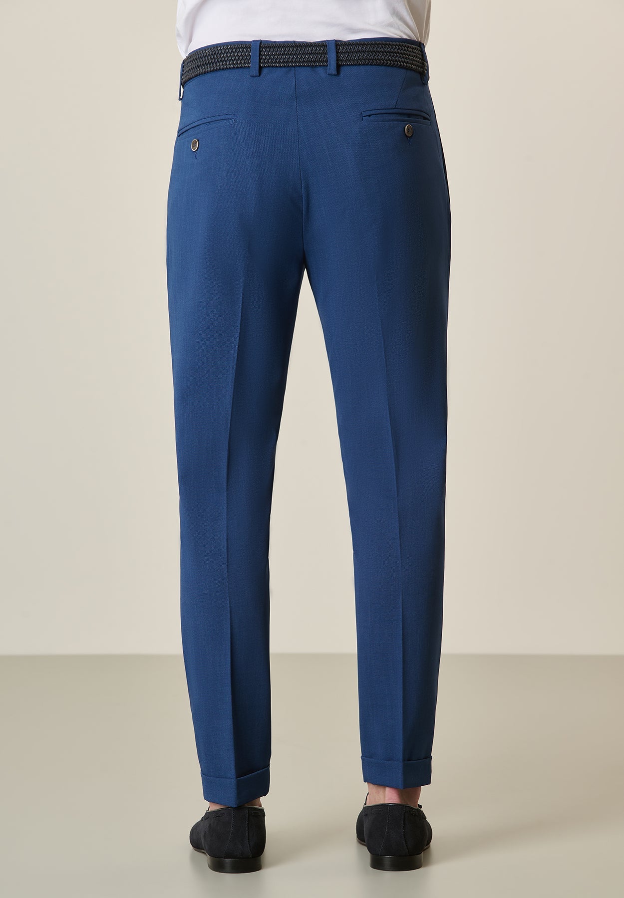 Custom Fit Blue Gabardine Trousers With Pleats
