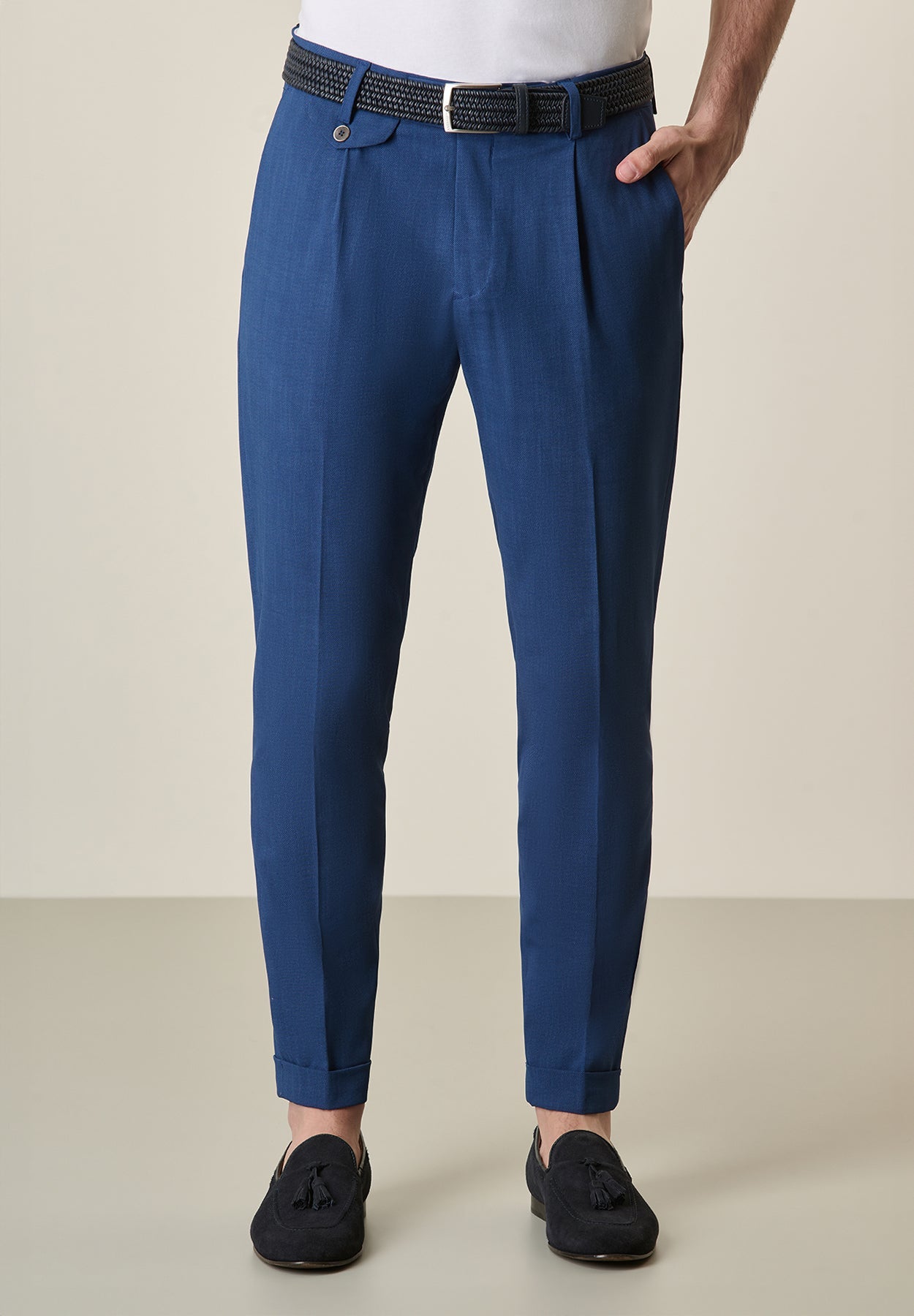 Custom Fit Blue Gabardine Trousers With Pleats