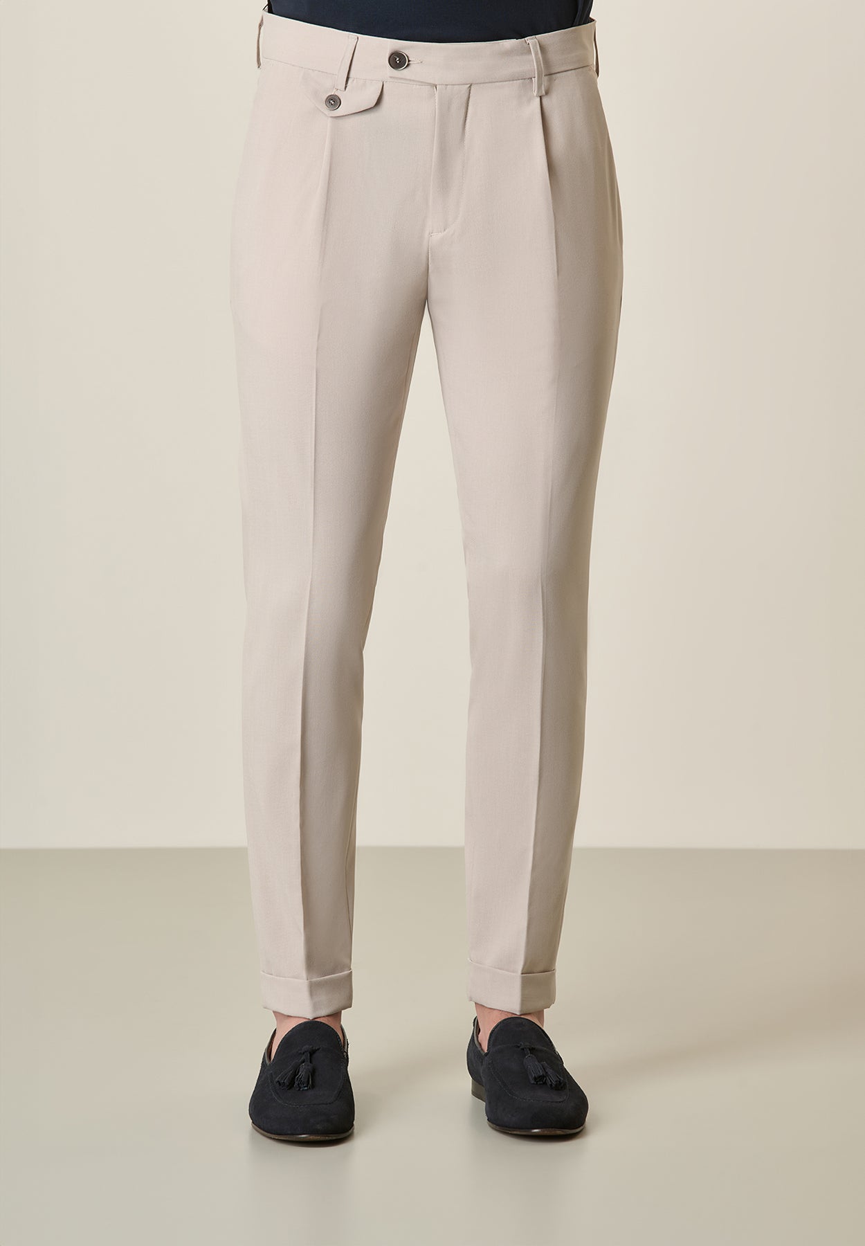 Sand Gabardine Trousers With Custom Fit Pleats